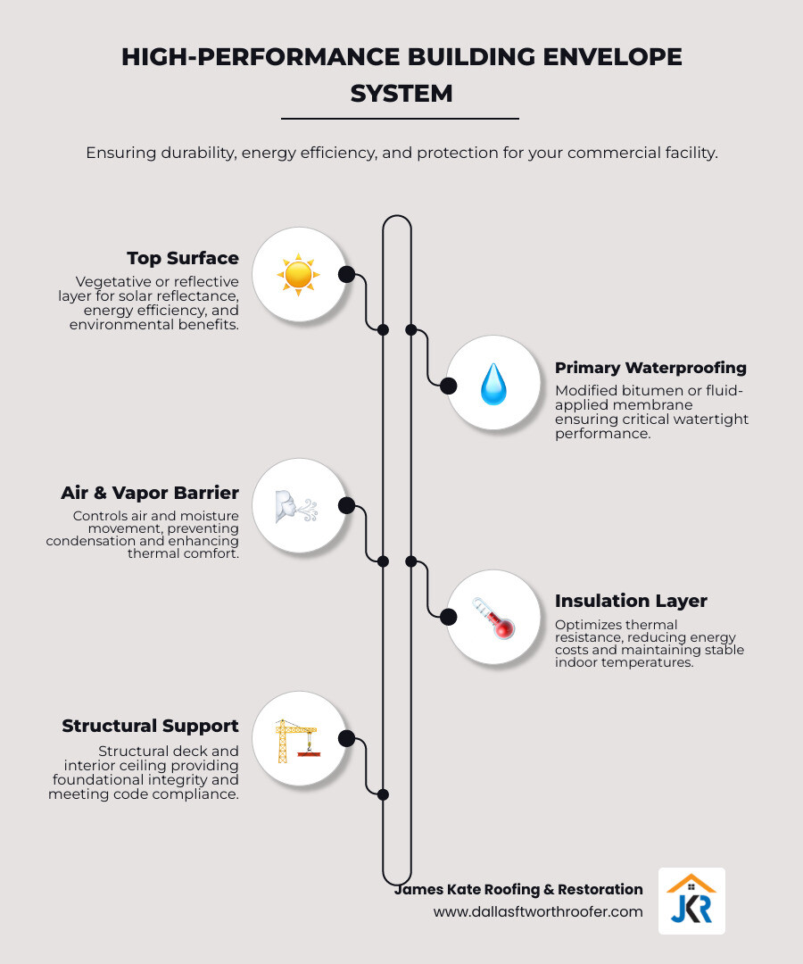 Infographic showing the structure of a high-performance building envelope system with labeled layers: vegetative or reflective top layer, primary waterproofing membrane (modified bitumen or fluid-applied), air barrier and vapor retarder, insulation layer, structural deck, and interior ceiling, with callouts for code compliance, thermal comfort, and watertight performance - Garland roofing company infographic infographic-line-5-steps-elegant_beige Infographic showing the structure of a high-performance building envelope system with labeled layers: vegetative or reflective top layer, primary waterproofing membrane (modified bitumen or fluid-applied), air barrier and vapor retarder, insulation layer, structural deck, and interior ceiling, with callouts for code compliance, thermal comfort, and watertight performance - Garland roofing company infographic infographic-line-5-steps-elegant_beige