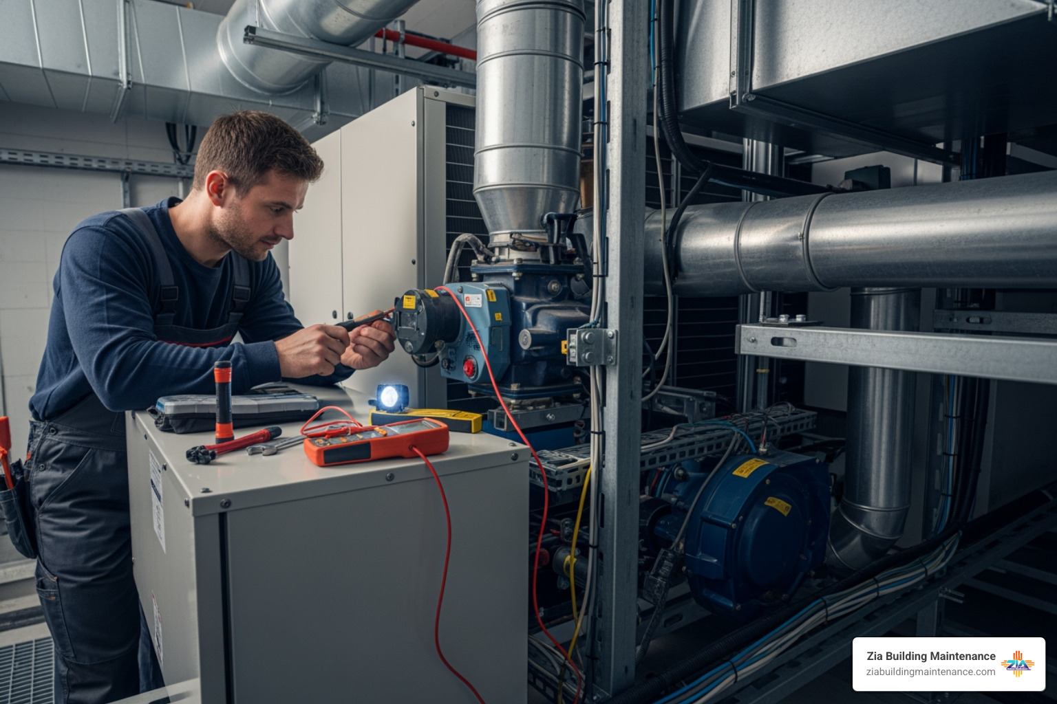technician inspecting a commercial HVAC system - professional building maintenance technician inspecting a commercial HVAC system - professional building maintenance