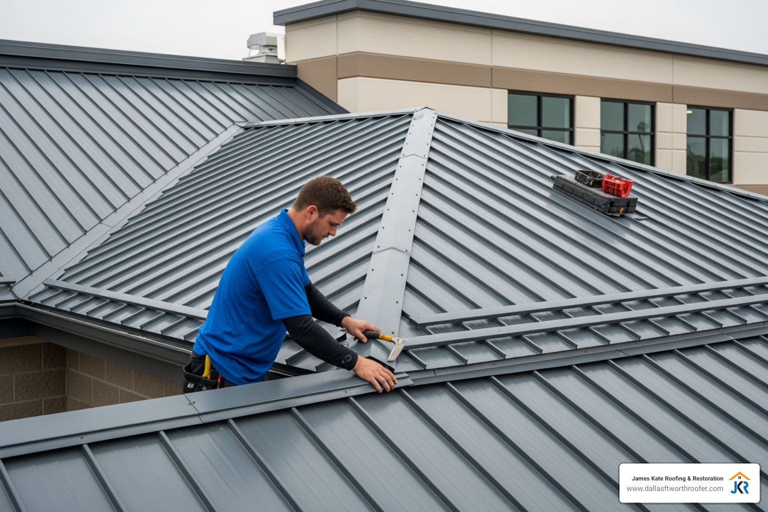 A modern architectural metal roof being installed on a commercial building by a professional technician in a royal blue James Kate shirt - Garland roofing company A modern architectural metal roof being installed on a commercial building by a professional technician in a royal blue James Kate shirt - Garland roofing company
