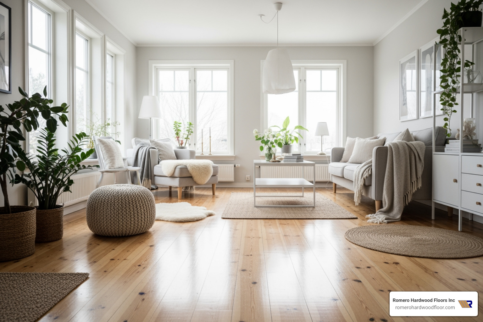 Scandinavian living room with light floors - Light wood flooring