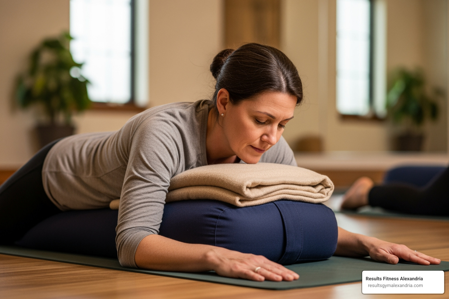 A restorative yoga session showing a veteran in a calm, focused pose - VA fitness classes A restorative yoga session showing a veteran in a calm, focused pose - VA fitness classes