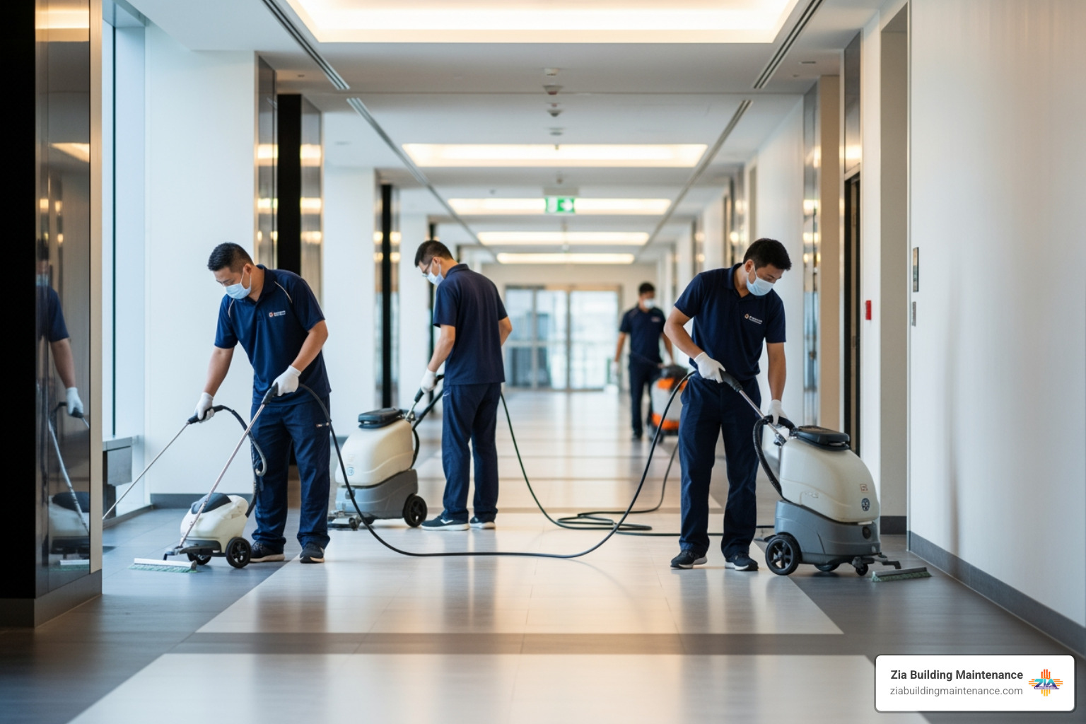 professional cleaning crew in action using specialized equipment to sanitize a large commercial hallway - commercial facilities cleaners professional cleaning crew in action using specialized equipment to sanitize a large commercial hallway - commercial facilities cleaners