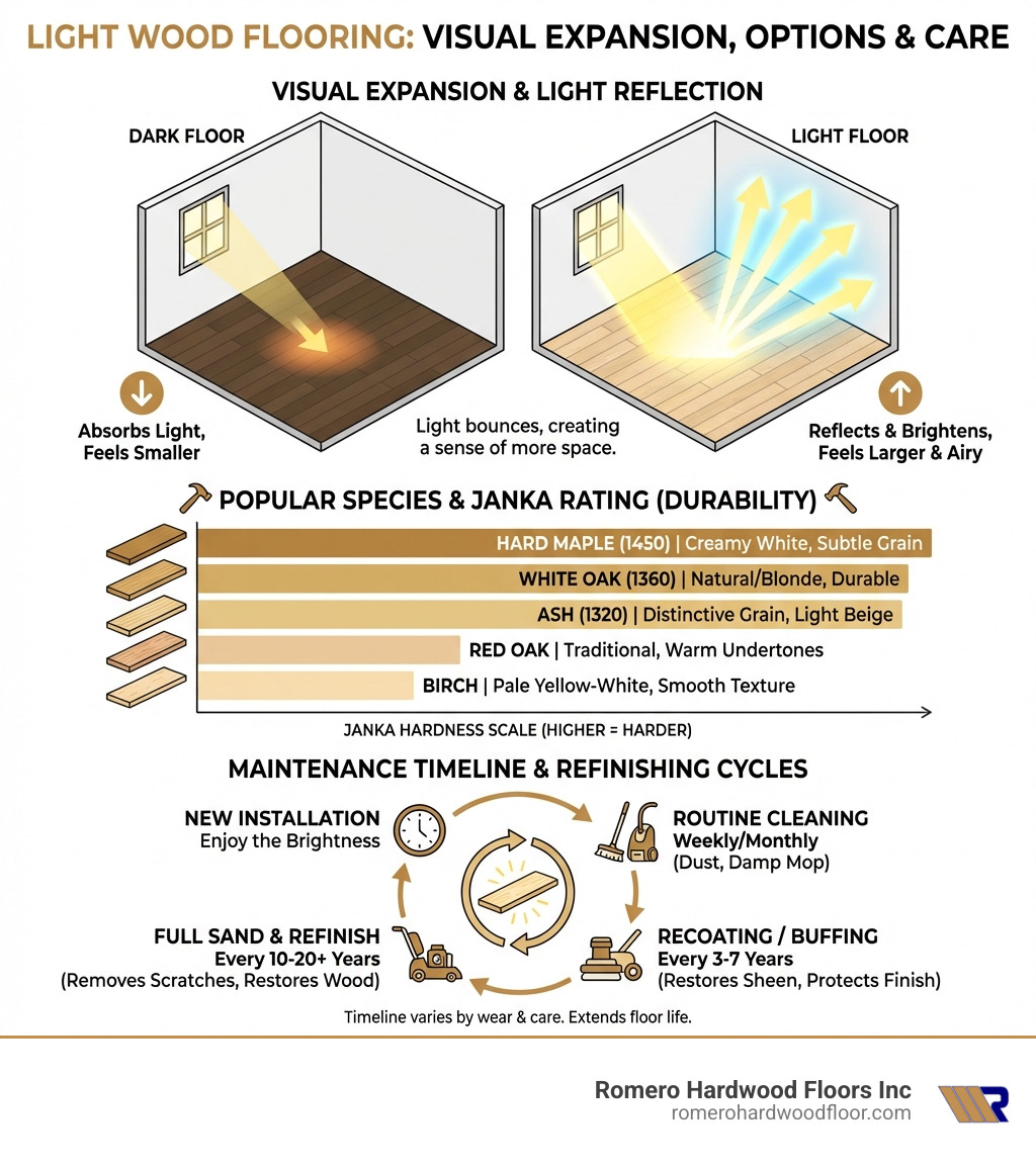 Infographic showing how light wood flooring creates visual expansion through light reflection, with room size comparison diagrams, popular species breakdown by Janka rating, and maintenance timeline for refinishing cycles - Light wood flooring infographic 