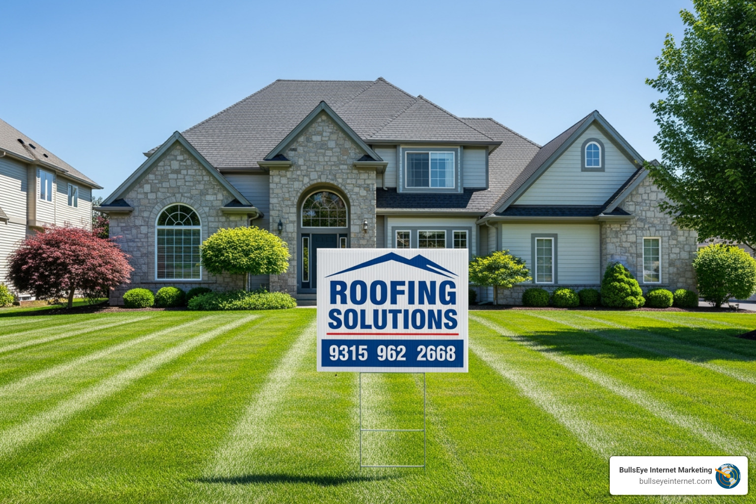 Roofing company yard sign on a manicured lawn - roofing lead generation Roofing company yard sign on a manicured lawn - roofing lead generation