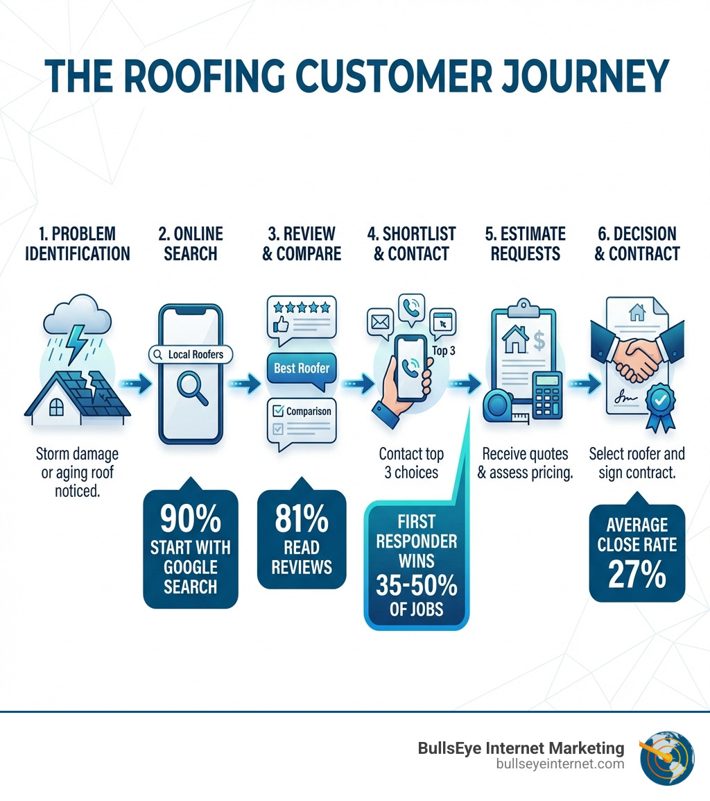 Infographic showing the roofing customer journey: 1. Storm damage or aging roof noticed, 2. Online search for local roofers, 3. Review reading and comparison, 4. Contact top 3 choices, 5. Estimate requests, 6. Decision and contract signing. Includes statistics: 90% start with Google search, 81% read reviews, first responder wins 35-50% of jobs, average close rate 27% - roofing lead generation infographic Infographic showing the roofing customer journey: 1. Storm damage or aging roof noticed, 2. Online search for local roofers, 3. Review reading and comparison, 4. Contact top 3 choices, 5. Estimate requests, 6. Decision and contract signing. Includes statistics: 90% start with Google search, 81% read reviews, first responder wins 35-50% of jobs, average close rate 27% - roofing lead generation infographic