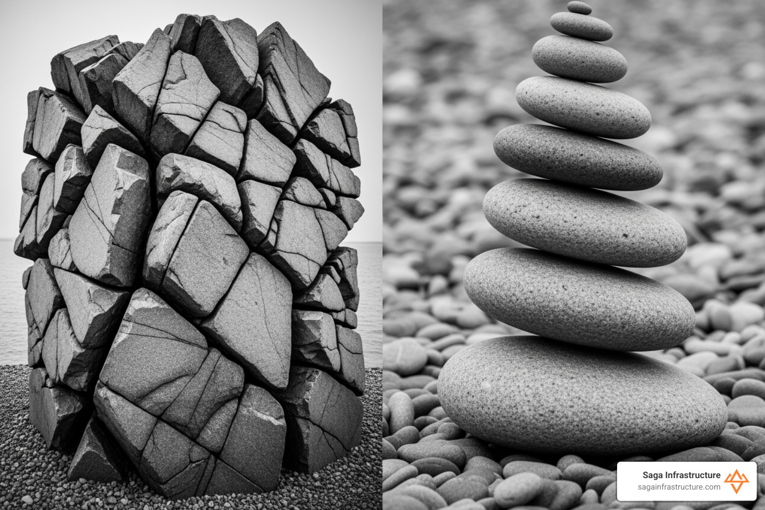 comparison of angular rock interlocking versus rounded river stone sliding - riprap erosion protection comparison of angular rock interlocking versus rounded river stone sliding - riprap erosion protection