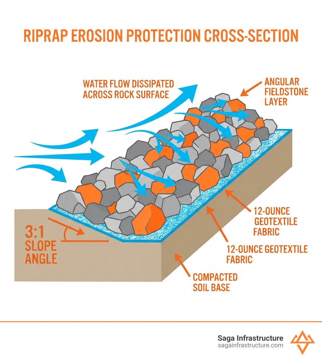 infographic showing riprap cross-section with labeled components: angular fieldstone layer, 12-ounce geotextile fabric, compacted soil base, 3:1 slope angle, and arrows indicating how water flow is dissipated across the rock surface - riprap erosion protection infographic infographic showing riprap cross-section with labeled components: angular fieldstone layer, 12-ounce geotextile fabric, compacted soil base, 3:1 slope angle, and arrows indicating how water flow is dissipated across the rock surface - riprap erosion protection infographic
