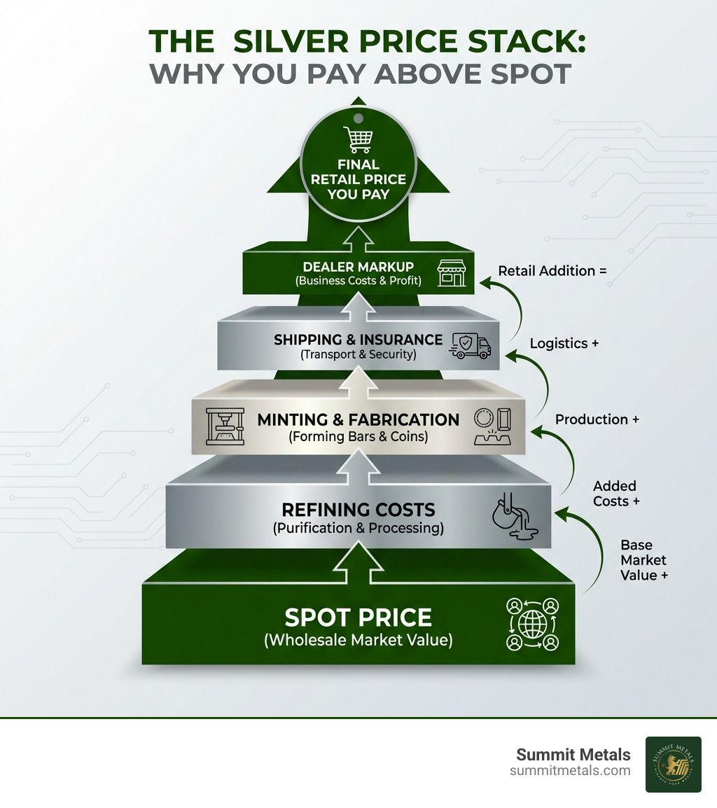 Infographic showing the silver price breakdown: spot price at the base, followed by layers for refining costs, minting and fabrication, shipping and insurance, and dealer markup at the top, with arrows showing how each layer adds to the final retail price you pay - how to buy silver at current spot price infographic