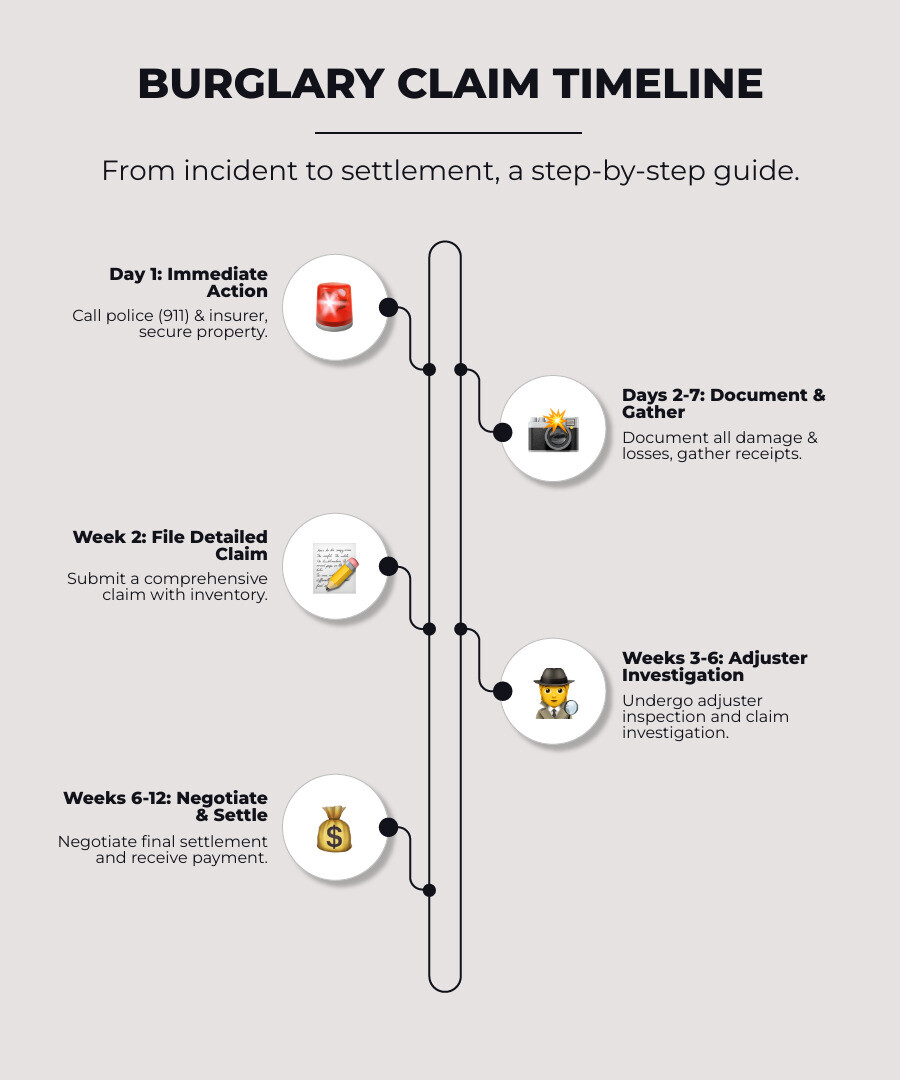 Infographic showing burglary claim timeline: Day 1 - Call police and insurer, secure property; Days 2-7 - Document all damage and losses, gather receipts; Week 2 - Submit detailed claim with inventory; Weeks 3-6 - Adjuster inspection and investigation; Weeks 6-12 - Negotiate settlement and receive payment - Burglary insurance claim infographic infographic-line-5-steps-elegant_beige Infographic showing burglary claim timeline: Day 1 - Call police and insurer, secure property; Days 2-7 - Document all damage and losses, gather receipts; Week 2 - Submit detailed claim with inventory; Weeks 3-6 - Adjuster inspection and investigation; Weeks 6-12 - Negotiate settlement and receive payment - Burglary insurance claim infographic infographic-line-5-steps-elegant_beige