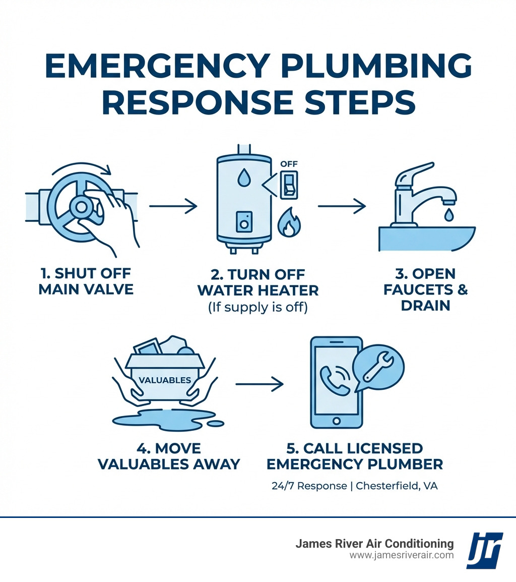 infographic showing emergency plumbing response steps: 1. shut off water at main valve, 2. turn off water heater if water supply is off, 3. open faucets to drain remaining water, 4. move valuables away from water, 5. call licensed emergency plumber - 24/7 plumbing repair in chesterfield, va infographic infographic showing emergency plumbing response steps: 1. shut off water at main valve, 2. turn off water heater if water supply is off, 3. open faucets to drain remaining water, 4. move valuables away from water, 5. call licensed emergency plumber - 24/7 plumbing repair in chesterfield, va infographic