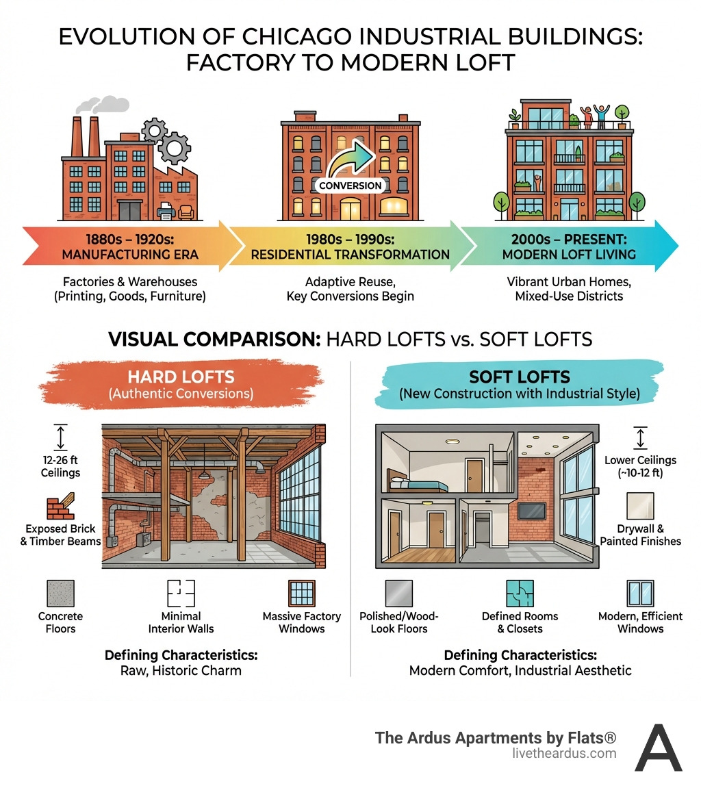 infographic showing the evolution of Chicago industrial buildings from factories to modern loft apartments, including timeline of key conversions from 1880s manufacturing through 1980s-90s residential transformations, with visual comparison of hard lofts versus soft lofts and their defining characteristics - industrial lofts for rent chicago infographic 