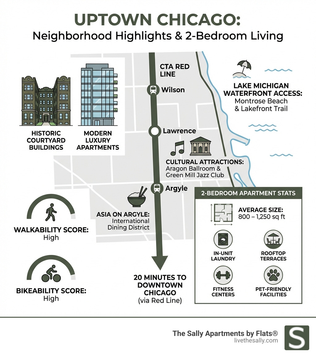 Infographic showing Uptown Chicago neighborhood highlights: Lake Michigan waterfront access with Montrose Beach and Lakefront Trail, CTA Red Line with three stations (Wilson, Lawrence, Argyle), cultural attractions including Aragon Ballroom and Green Mill Jazz Club, Asia on Argyle international dining district, mix of historic courtyard buildings and modern luxury apartments, walkability and bikeability scores, proximity to downtown Chicago (20 minutes via Red Line), average 2-bedroom apartment size 800-1250 square feet, typical amenities including in-unit laundry, rooftop terraces, fitness centers, and pet-friendly facilities - 2 bedroom apartments uptown chicago infographic 