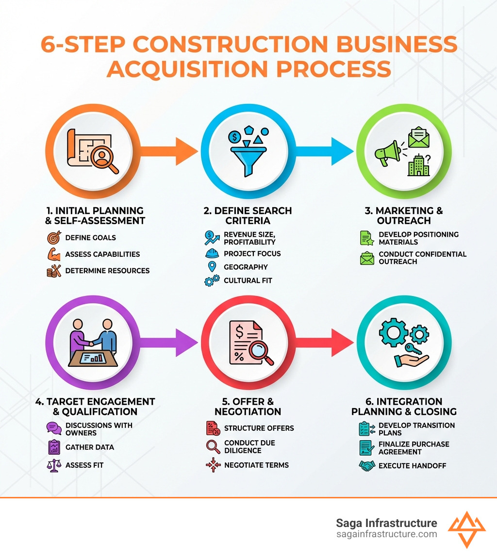 Infographic showing the 6-step construction business acquisition process: Step 1 - Initial Planning and Self-Assessment (define goals, assess capabilities, determine resources); Step 2 - Define Search Criteria (revenue size, profitability, project focus, geography, cultural fit); Step 3 - Marketing and Outreach (develop positioning materials, conduct confidential outreach to targets); Step 4 - Target Engagement and Qualification (discussions with interested owners, gather data, assess fit); Step 5 - Offer and Negotiation (structure offers, conduct due diligence, negotiate terms); Step 6 - Integration Planning and Closing (develop transition plans, finalize purchase agreement, execute handoff) - construction business acquisition infographic 