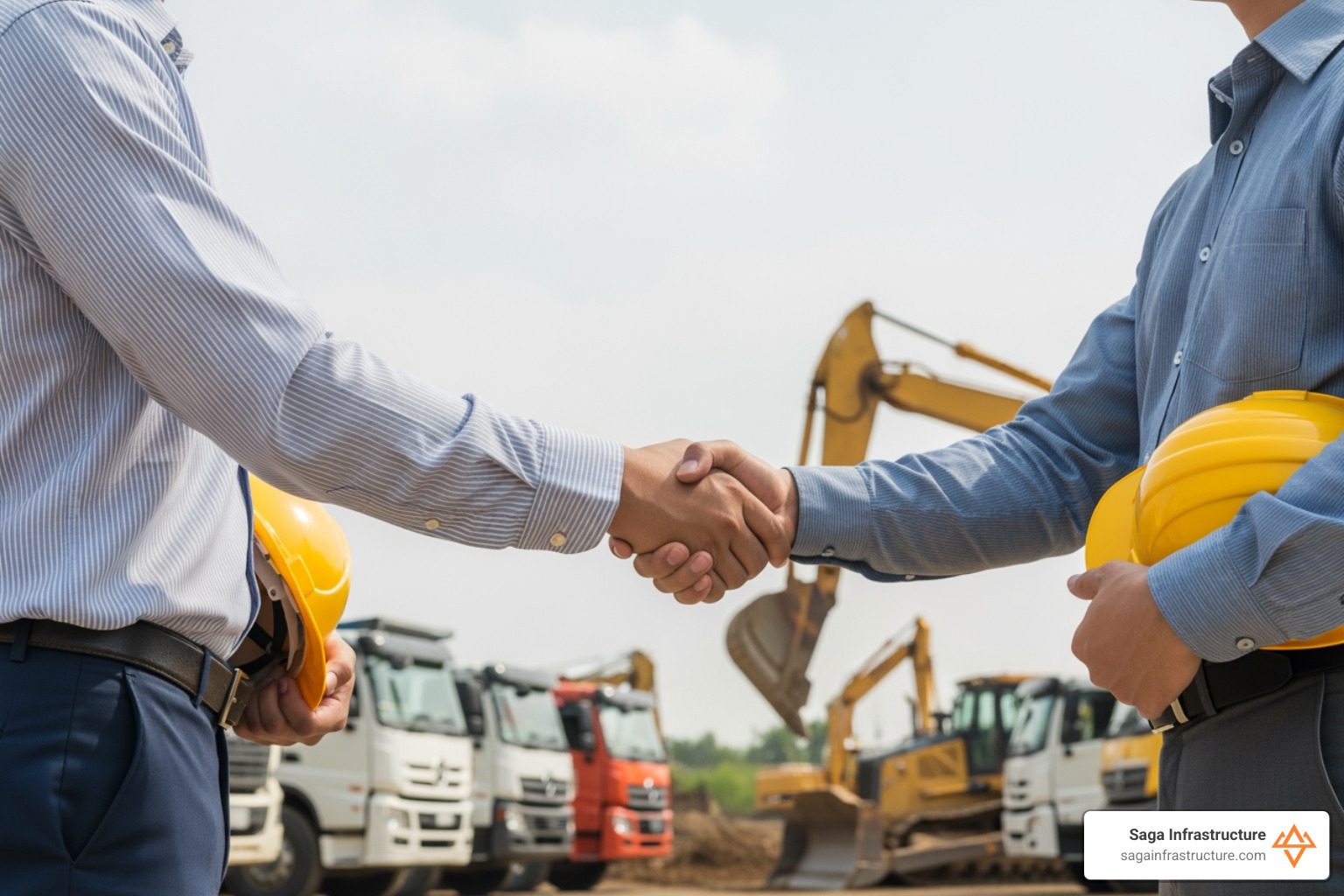 Business owners shaking hands in front of a fleet of trucks - construction business acquisition