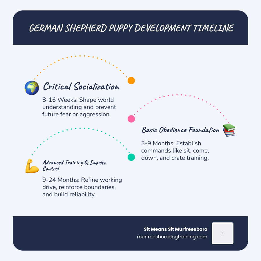 Infographic showing German Shepherd puppy development timeline from 8 weeks to 24 months, highlighting critical socialization period at 8-16 weeks, basic obedience training at 3-9 months, and advanced training plus impulse control at 9-24 months - german shepherd puppy classes infographic infographic-line-3-steps-blues-accent_colors