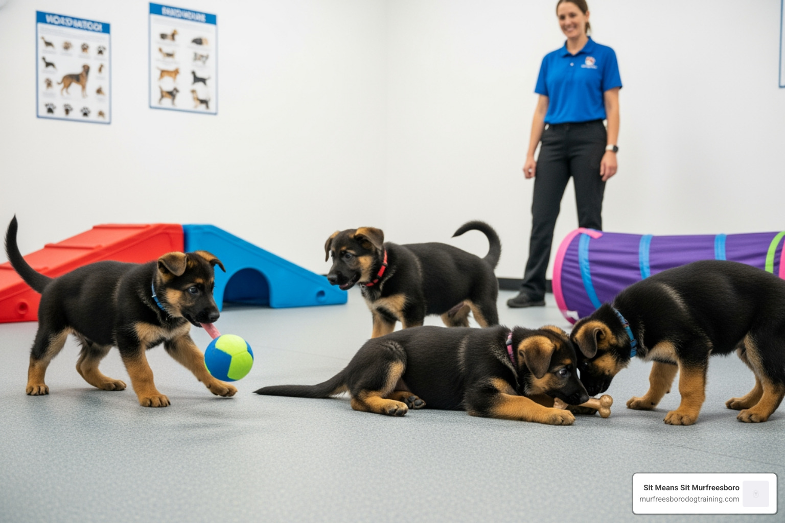 puppies socializing in a controlled environment - german shepherd puppy classes