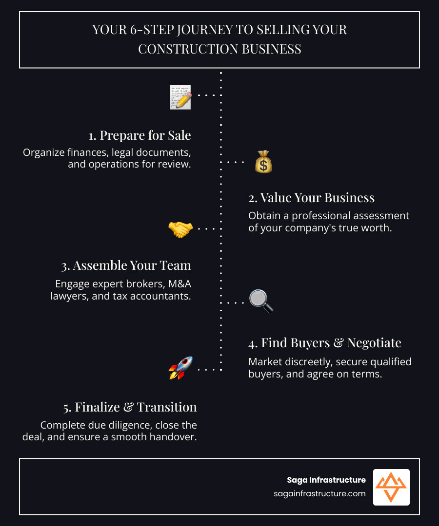 Infographic showing the 6 key steps to selling a construction business, including preparation, valuation, expert team, buyer search, negotiation, and transition planning. - Sell my construction business infographic infographic-line-5-steps-dark