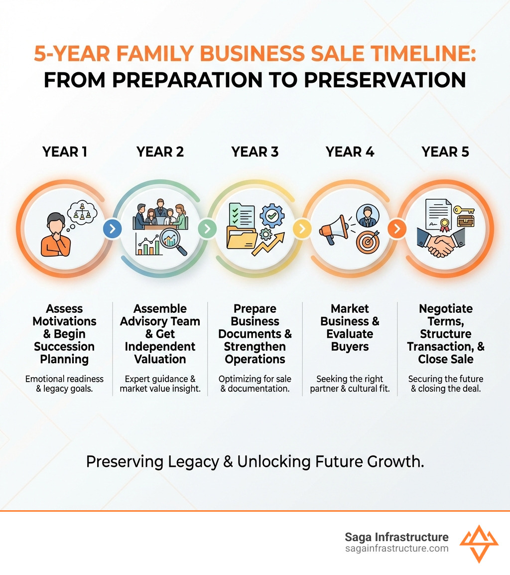 infographic showing the 5-year business sale timeline: Year 1 - Assess motivations and begin succession planning; Year 2 - Assemble advisory team and get independent valuation; Year 3 - Prepare business documents and strengthen operations; Year 4 - Market business and evaluate buyers; Year 5 - Negotiate terms, structure transaction, and close sale - selling family business infographic 