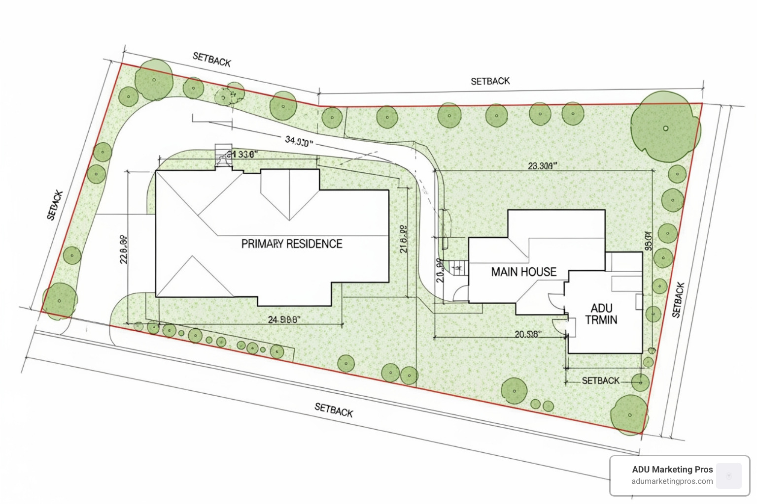A detailed architectural site plan showing a primary residence and a new detached ADU with property setbacks clearly marked - California ADU plans