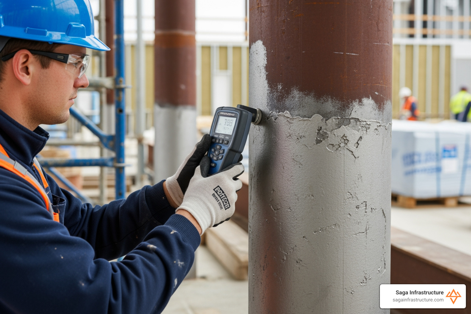 Technician using a Posi-Tector 6000 to measure the thickness of an intumescent fireproofing coating on a structural steel column at a construction site - Fireproofing inspection services