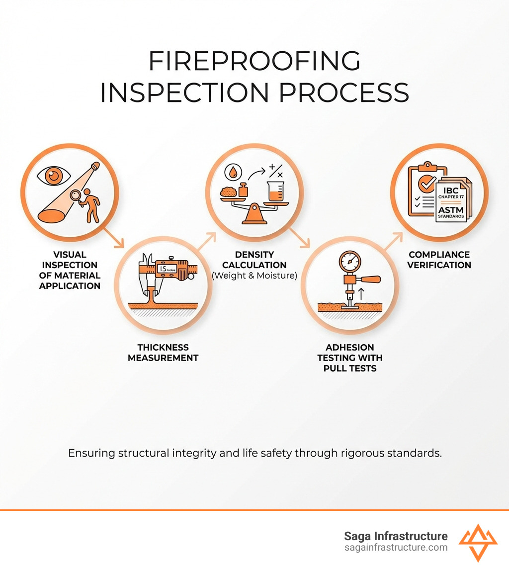 Infographic showing the fireproofing inspection process: visual inspection of material application, thickness measurement using specialized tools, density calculation based on weight and moisture content, adhesion testing with pull tests, and compliance verification against IBC Chapter 17 and ASTM standards - Fireproofing inspection services infographic 