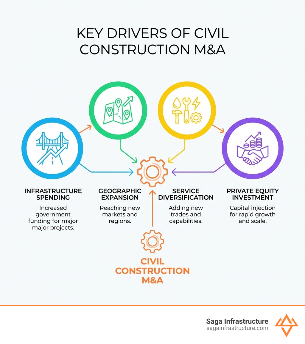 Infographic showing key drivers of civil construction M&A: infrastructure spending, geographic expansion, service diversification, and private equity investment. - civil construction acquisition infographic 