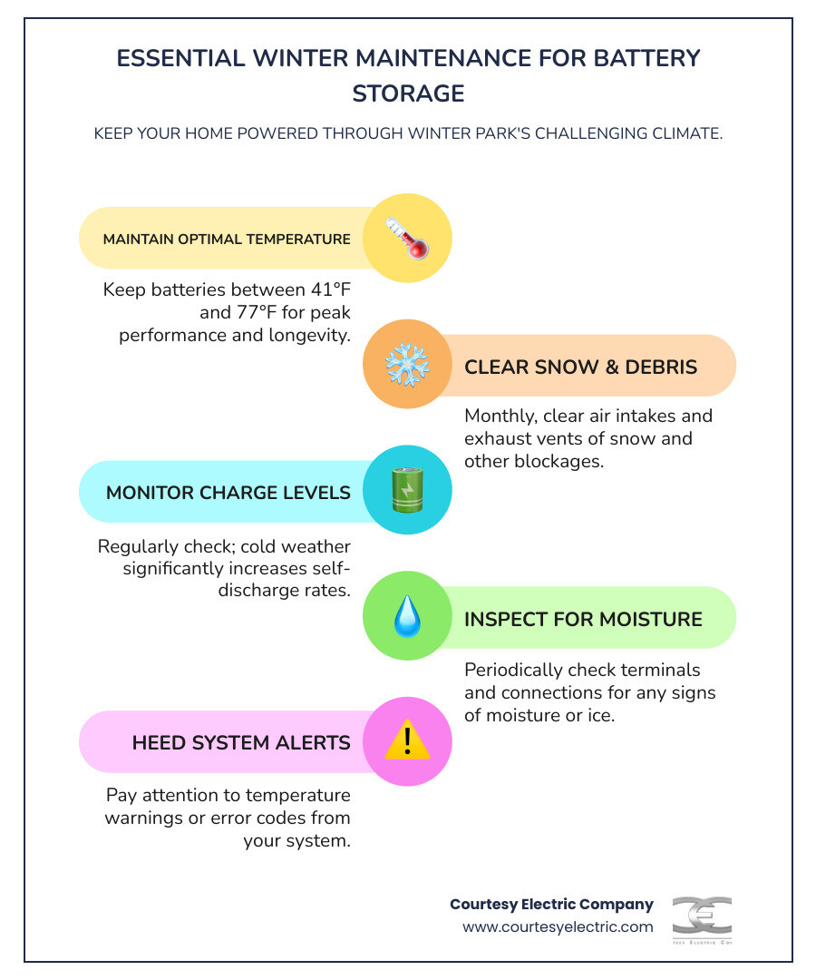 infographic showing optimal battery storage temperature ranges, winter performance impacts, monthly maintenance checklist including snow clearance and charge monitoring, and warning signs like rapid discharge or error codes - battery storage maintenance in winter park, co infographic infographic-line-5-steps-colors infographic showing optimal battery storage temperature ranges, winter performance impacts, monthly maintenance checklist including snow clearance and charge monitoring, and warning signs like rapid discharge or error codes - battery storage maintenance in winter park, co infographic infographic-line-5-steps-colors