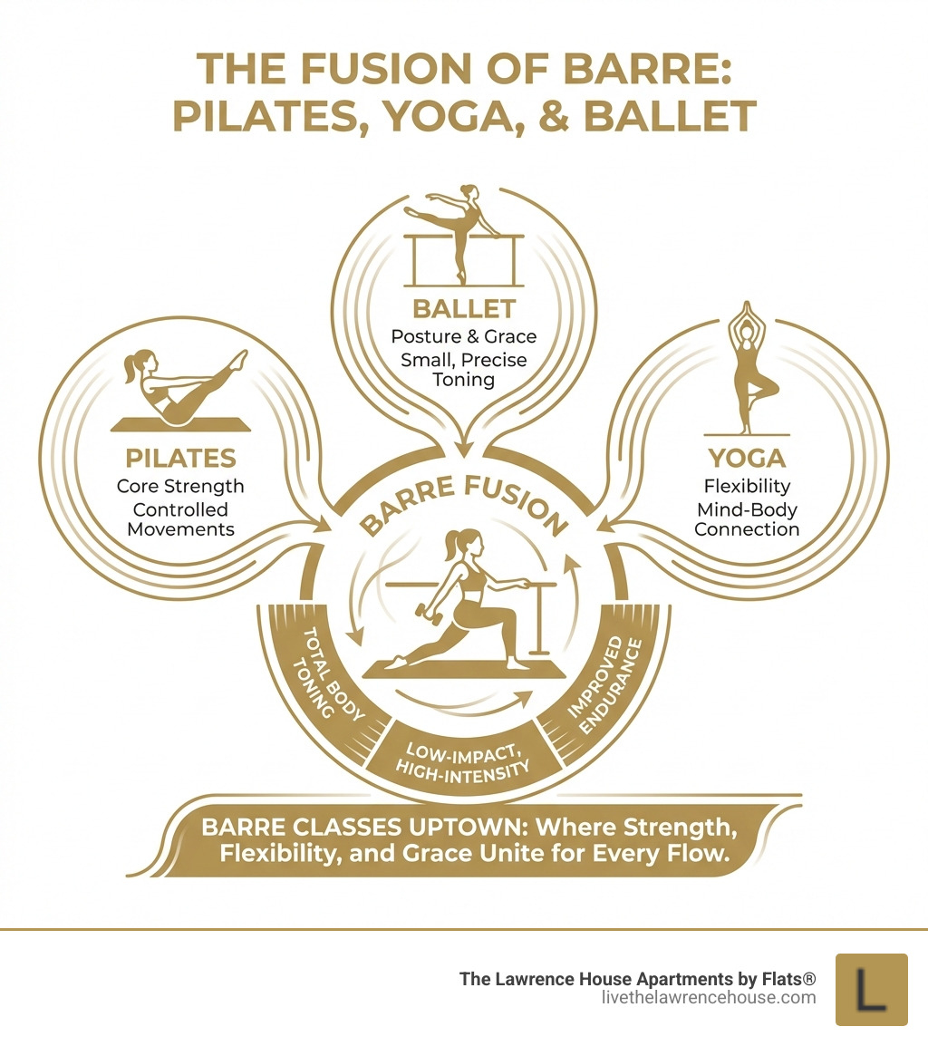 Infographic explaining the fusion of Pilates, yoga, and ballet in Barre - Barre classes Uptown infographic Infographic explaining the fusion of Pilates, yoga, and ballet in Barre - Barre classes Uptown infographic