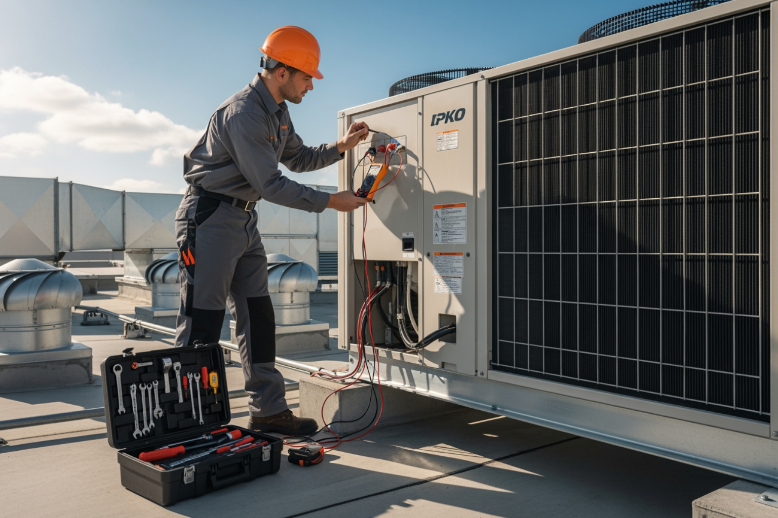 technician inspecting a commercial AC condenser - air conditioner commercial repair