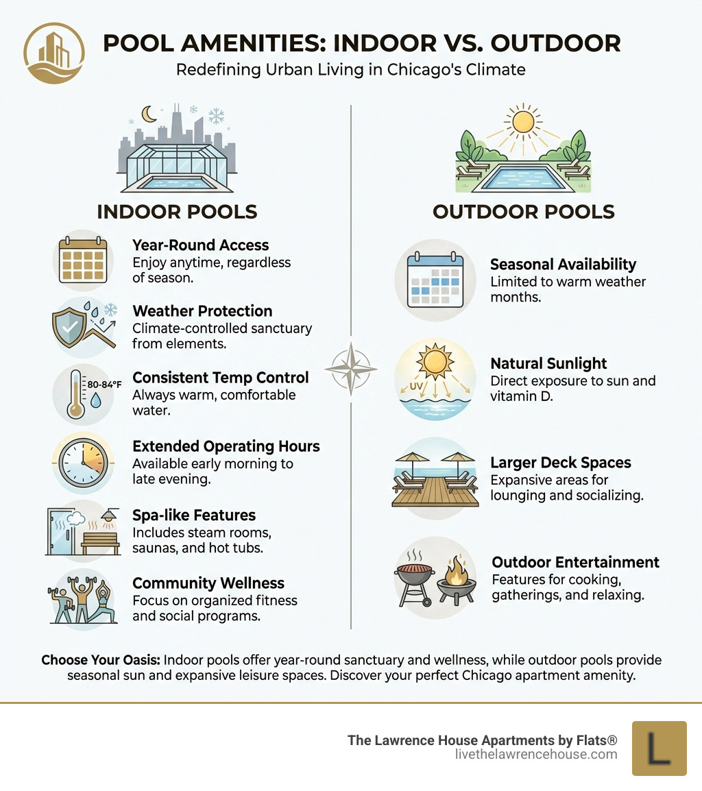 infographic showing comparison of indoor vs outdoor pool benefits including year-round access, weather protection, consistent temperature control, extended operating hours, spa-like features such as steam rooms and saunas, and community wellness programming for indoor pools versus seasonal availability, natural sunlight, larger deck spaces, and outdoor entertainment areas for outdoor pools - Chicago apartment indoor pool infographic 