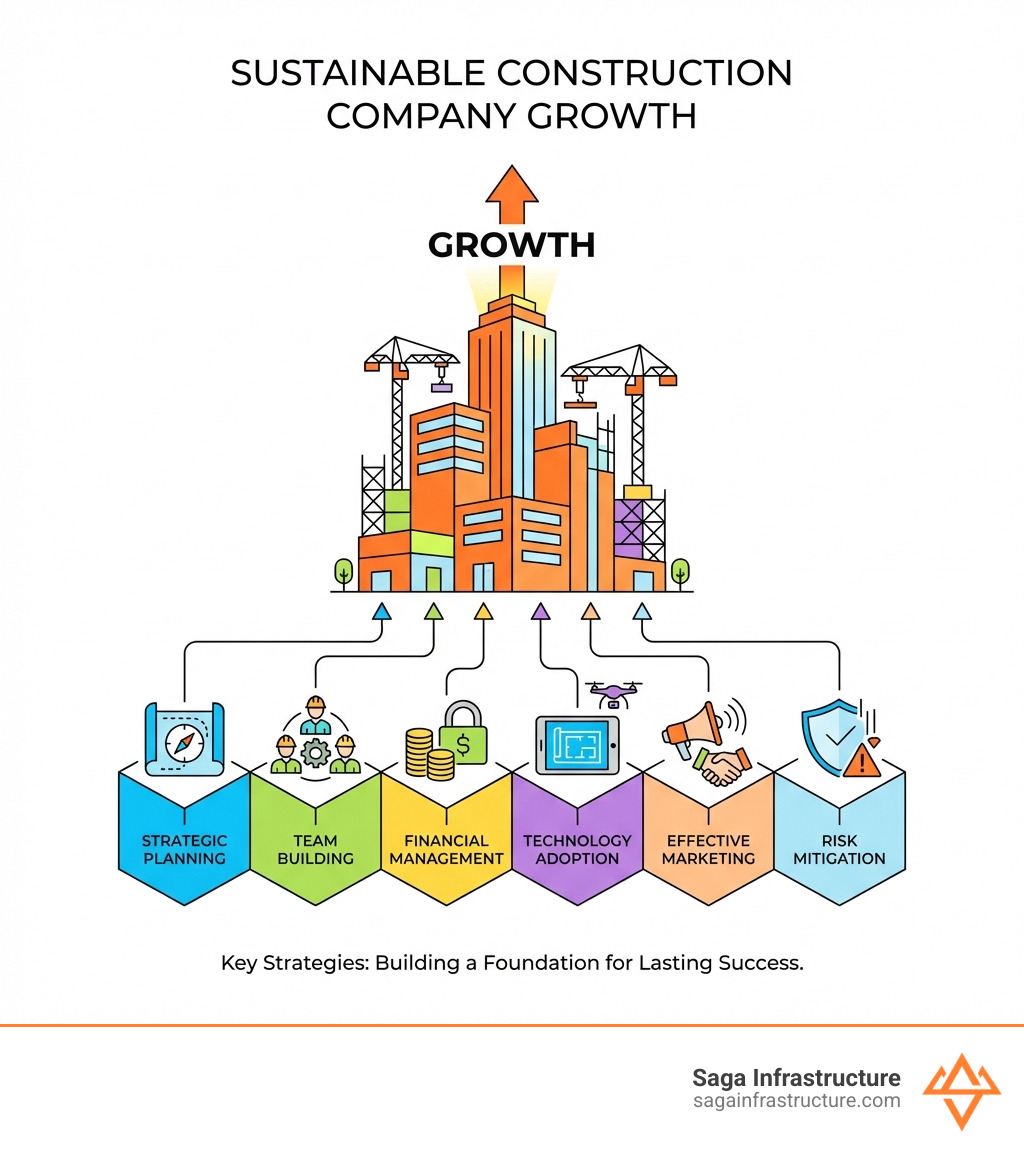 Infographic showing key strategies for sustainable construction company growth, including team building, strategic planning, financial management, technology adoption, effective marketing, and risk mitigation. - construction company growth infographic 