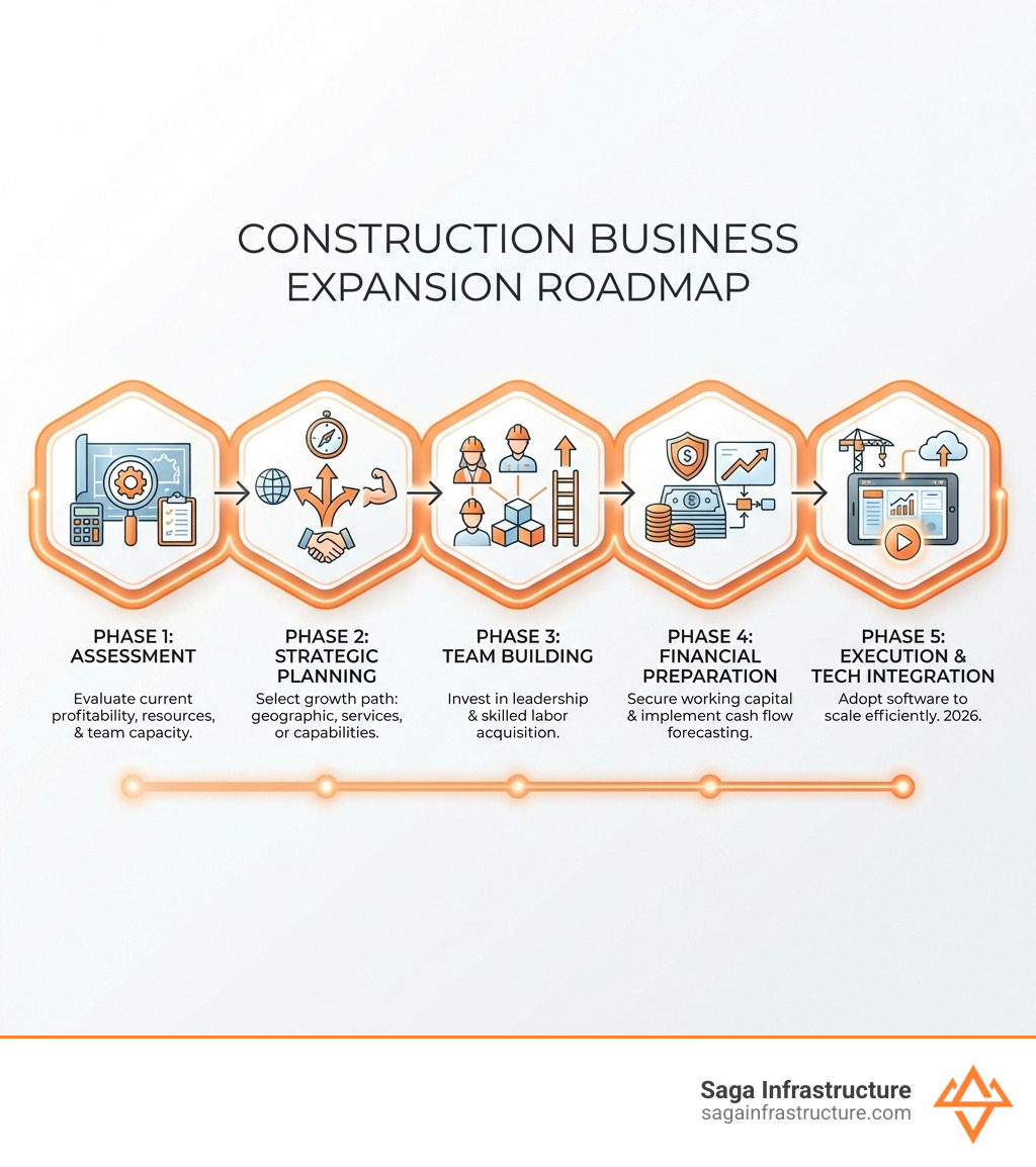 infographic showing construction business expansion roadmap with five phases: assessment, strategic planning, team building, financial preparation, and execution with technology integration - expanding construction business infographic 