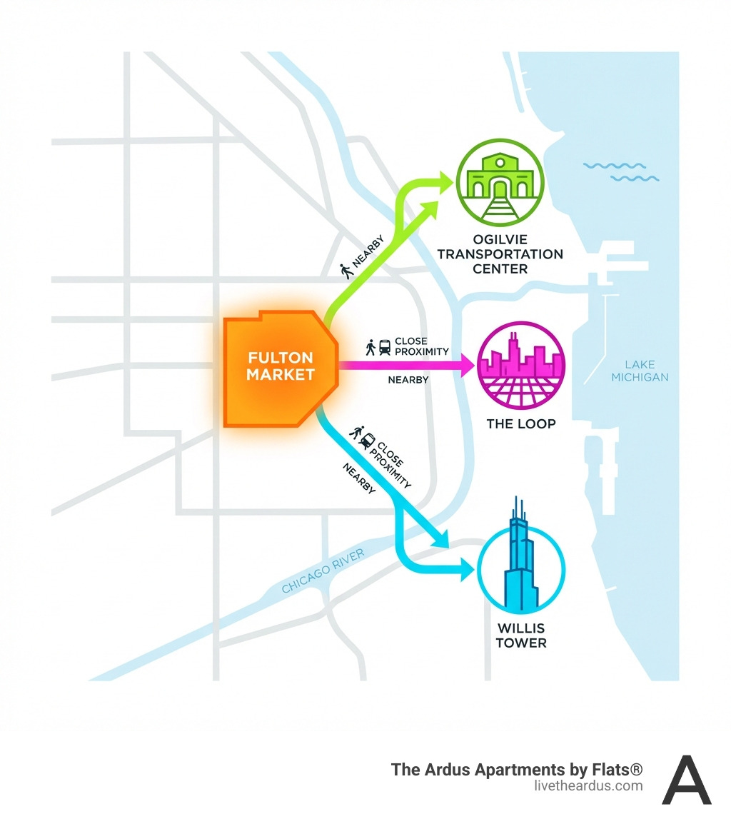 Map infographic showing the proximity of Fulton Market to major Chicago landmarks like the Willis Tower, the Loop, and the Ogilvie Transportation Center - apartments in fulton market chicago infographic 
