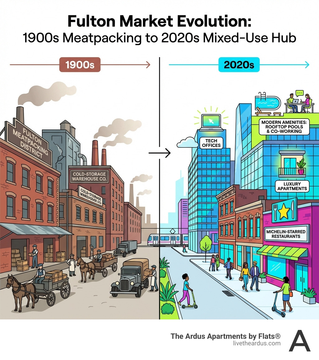 Infographic showing Fulton Market's evolution from 1900s meatpacking district with cold-storage warehouses to 2020s mixed-use neighborhood featuring tech offices, luxury apartments, Michelin-starred restaurants, and modern amenities like rooftop pools and co-working spaces - apartments in fulton market chicago infographic 