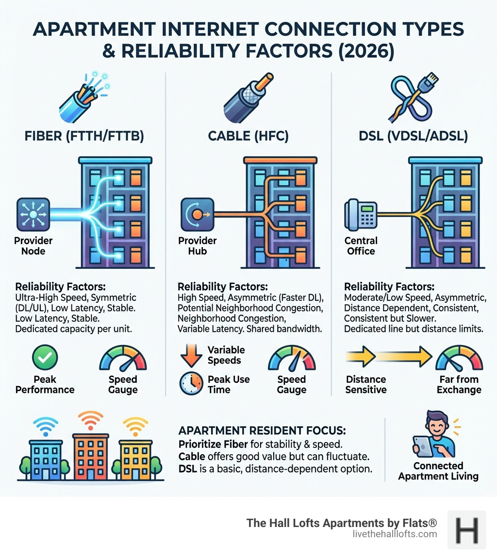 Infographic explaining different types of internet connections (fiber, cable, DSL) and their reliability factors for apartment residents - apartments with reliable internet infographic 