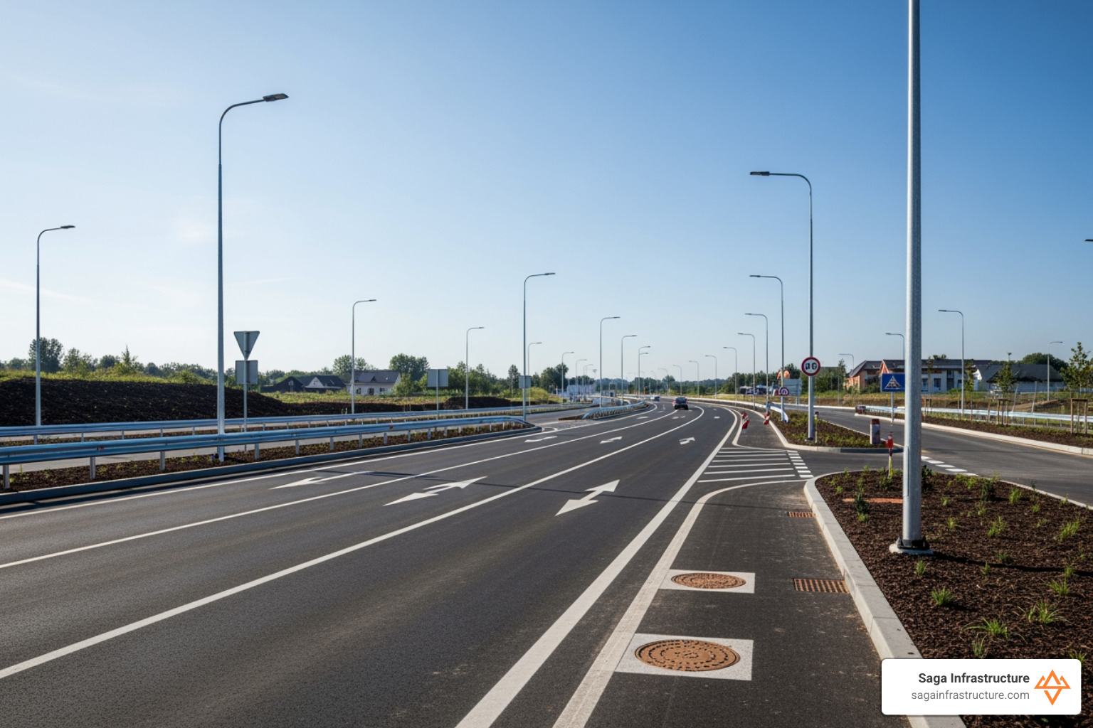 finished infrastructure project showing a clean new road and utility layout - Capital for construction