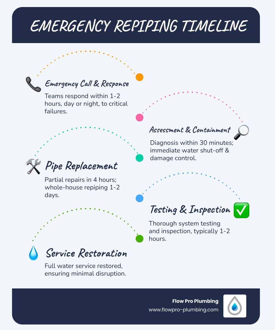 infographic showing emergency repiping timeline from initial call to system restoration, including response time within 1-2 hours, assessment and diagnosis within 30 minutes, water shut-off and damage control immediately, pipe replacement ranging from 4 hours for partial repairs to 1-2 days for whole-house repiping, testing and inspection for 1-2 hours, and full water service restoration - 24 hour repiping in concord, ca infographic infographic-line-5-steps-blues-accent_colors infographic showing emergency repiping timeline from initial call to system restoration, including response time within 1-2 hours, assessment and diagnosis within 30 minutes, water shut-off and damage control immediately, pipe replacement ranging from 4 hours for partial repairs to 1-2 days for whole-house repiping, testing and inspection for 1-2 hours, and full water service restoration - 24 hour repiping in concord, ca infographic infographic-line-5-steps-blues-accent_colors