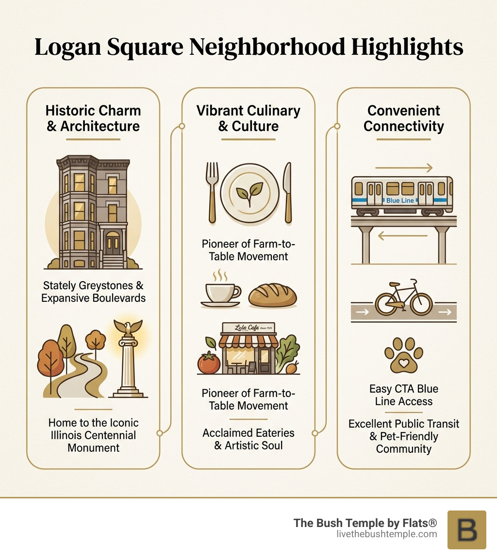 Infographic explaining Logan Square neighborhood highlights - 2 bedroom apartments logan square infographic 