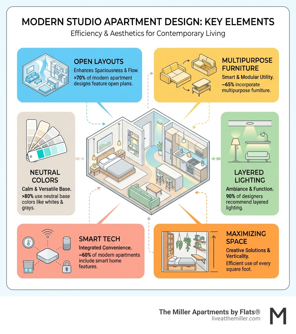 Infographic outlining key elements of modern studio apartment design: open layouts, multipurpose furniture, neutral colors, layered lighting, smart tech, and maximizing space - modern studio apartment design infographic 