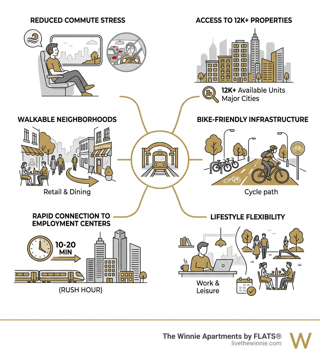 Infographic showing benefits of transit-oriented living: reduced commute stress, access to 12K+ properties in major cities, walkable neighborhoods with retail and dining, bike-friendly infrastructure, connection to employment centers in 10-20 minutes during rush hour, and lifestyle flexibility for work and leisure activities - apartments near train infographic 