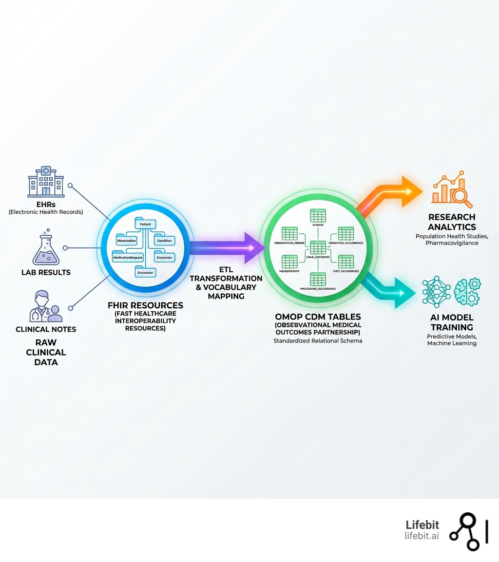 Infographic showing the flow from raw clinical data through FHIR resources to OMOP CDM tables, highlighting ETL transformation, vocabulary mapping, and the final outputs for research analytics and AI model training - omop and fhir data models infographic Infographic showing the flow from raw clinical data through FHIR resources to OMOP CDM tables, highlighting ETL transformation, vocabulary mapping, and the final outputs for research analytics and AI model training - omop and fhir data models infographic