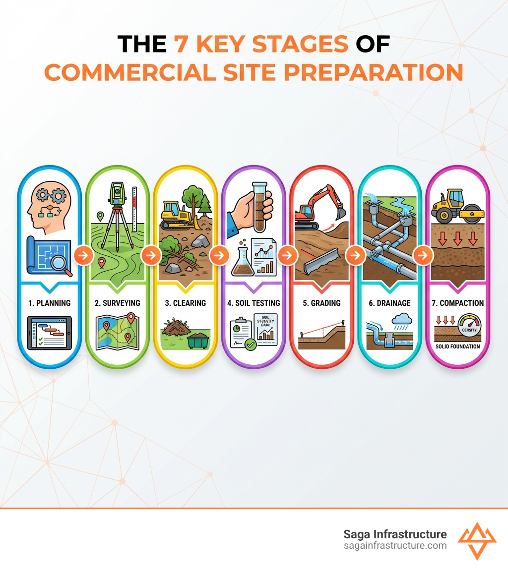 Infographic showing the 7 key stages of commercial site preparation: planning, surveying, clearing, soil testing, grading, drainage, and compaction - commercial site preparation infographic 