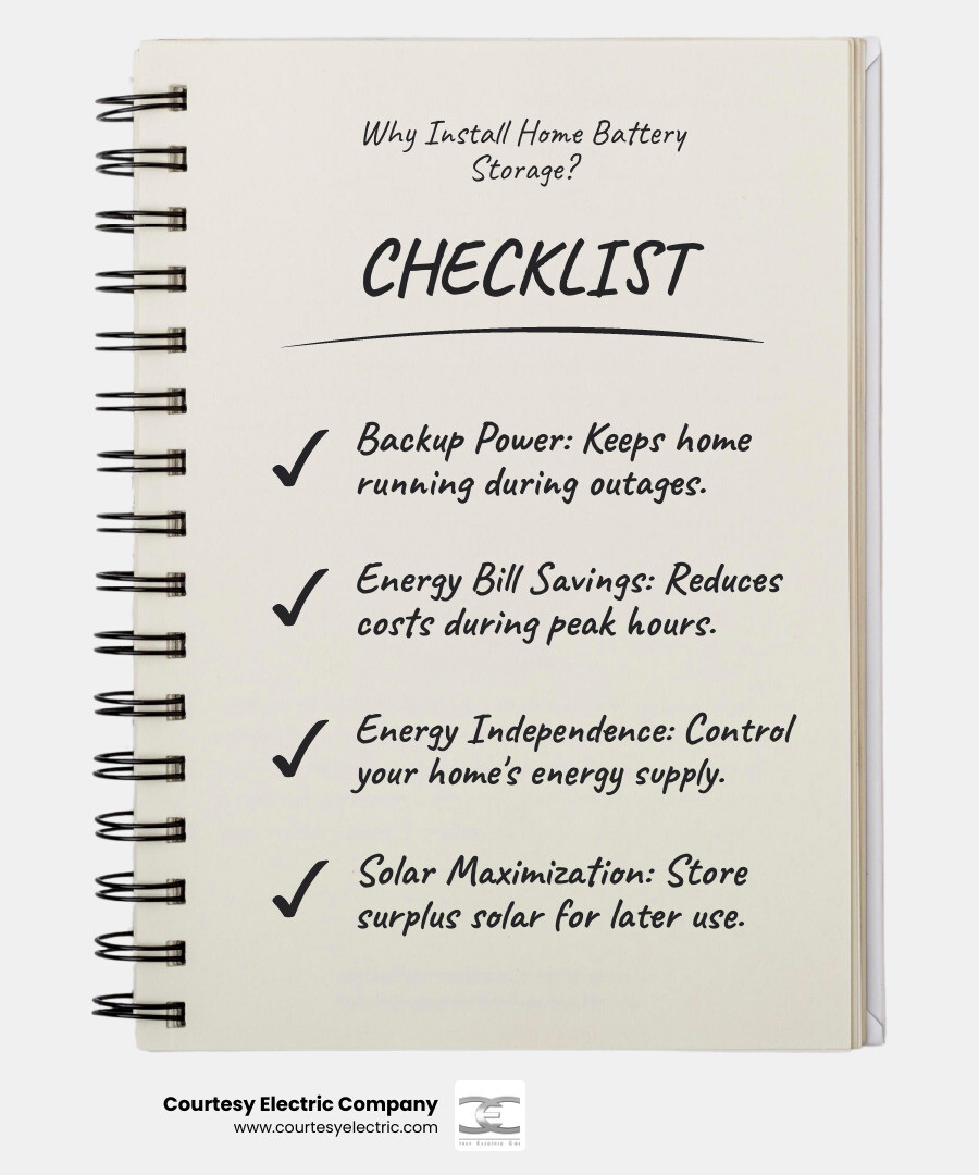 Infographic explaining how home battery storage works - battery storage installation in centennial, co infographic checklist-notebook
