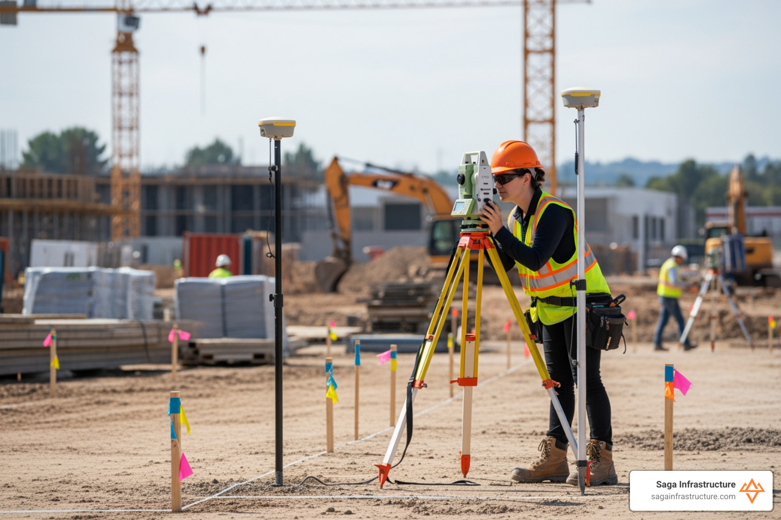 land surveyor at work marking boundaries for commercial site preparation - commercial site preparation
