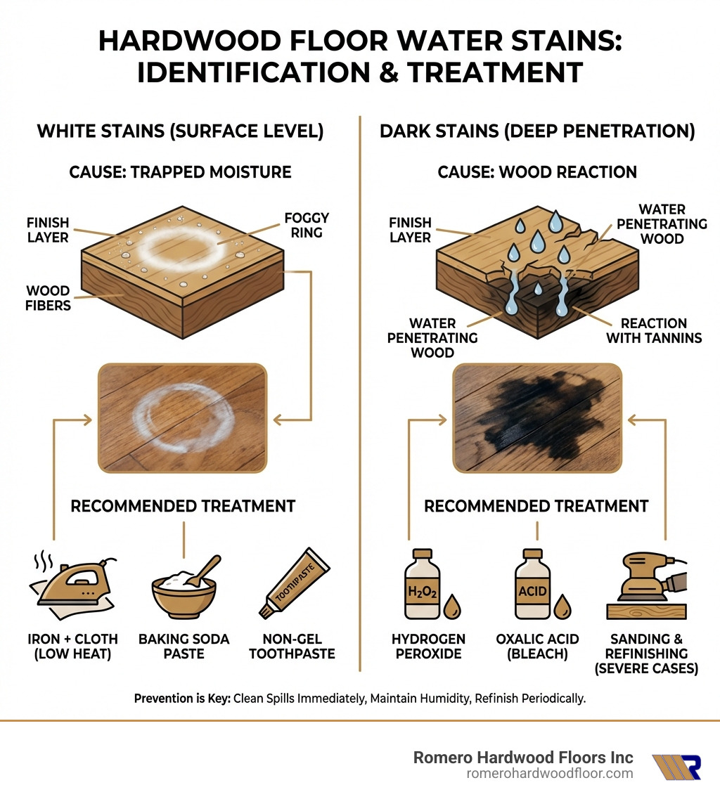 Infographic showing the difference between white surface water stains caused by trapped moisture in the finish layer versus dark deep water stains caused by water penetrating into wood fibers and reacting with tannins, including visual examples and recommended treatment methods for each type - hardwood floor water stain infographic 