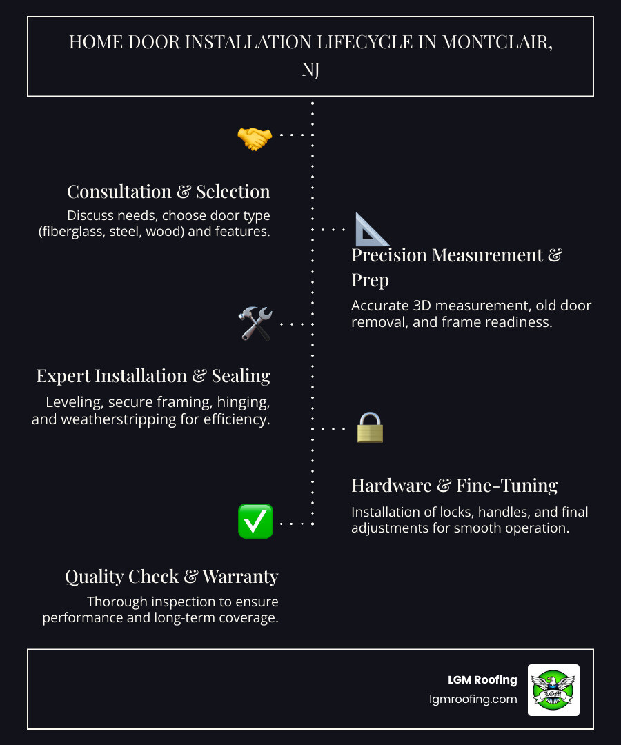 Infographic showing the door installation lifecycle: consultation and material selection, precise measurement and custom sizing, removal of old door and frame preparation, professional installation with leveling and weatherstripping, hardware installation and final adjustments, quality inspection and warranty coverage - home door installation in montclair, nj infographic infographic-line-5-steps-dark