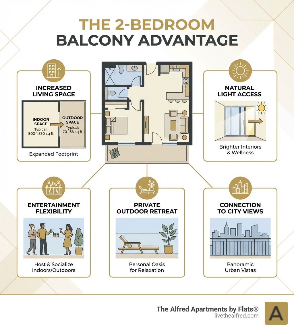 infographic showing the key benefits of 2 bedroom apartments with balconies including increased living space, natural light access, private outdoor retreat areas, entertainment flexibility, and connection to city views with typical square footage breakdowns for indoor versus outdoor spaces - 2 bedroom with balcony infographic 