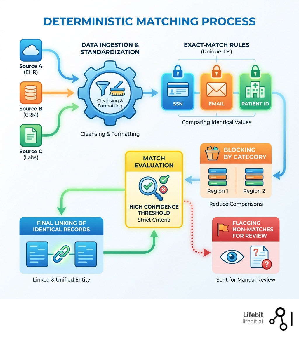 Infographic showing the deterministic matching process: data ingestion from multiple sources, standardization and cleansing, application of exact-match rules using unique identifiers (SSN, email, patient ID), blocking by category to reduce comparisons, match evaluation with high confidence threshold, and final linking of identical records while flagging non-matches for review - deterministic matching infographic 