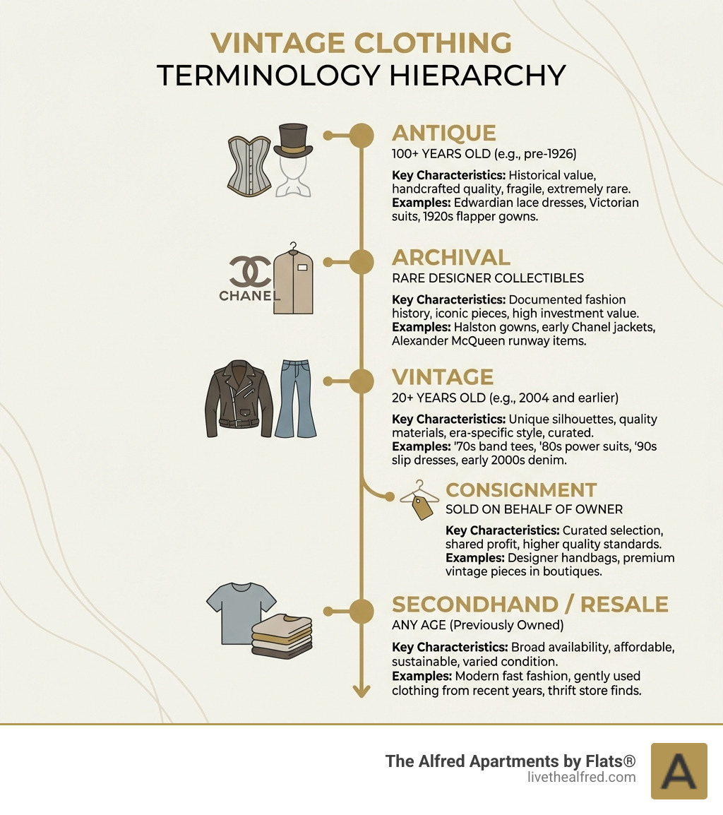 Infographic showing the hierarchy of vintage clothing terminology: Antique (100+ years), Vintage (20+ years), Secondhand/Resale (any age, previously owned), Consignment (sold on behalf of owner), and Archival (rare designer collectibles). Includes timeline examples and key characteristics of each category. - vintage clothing stores infographic 