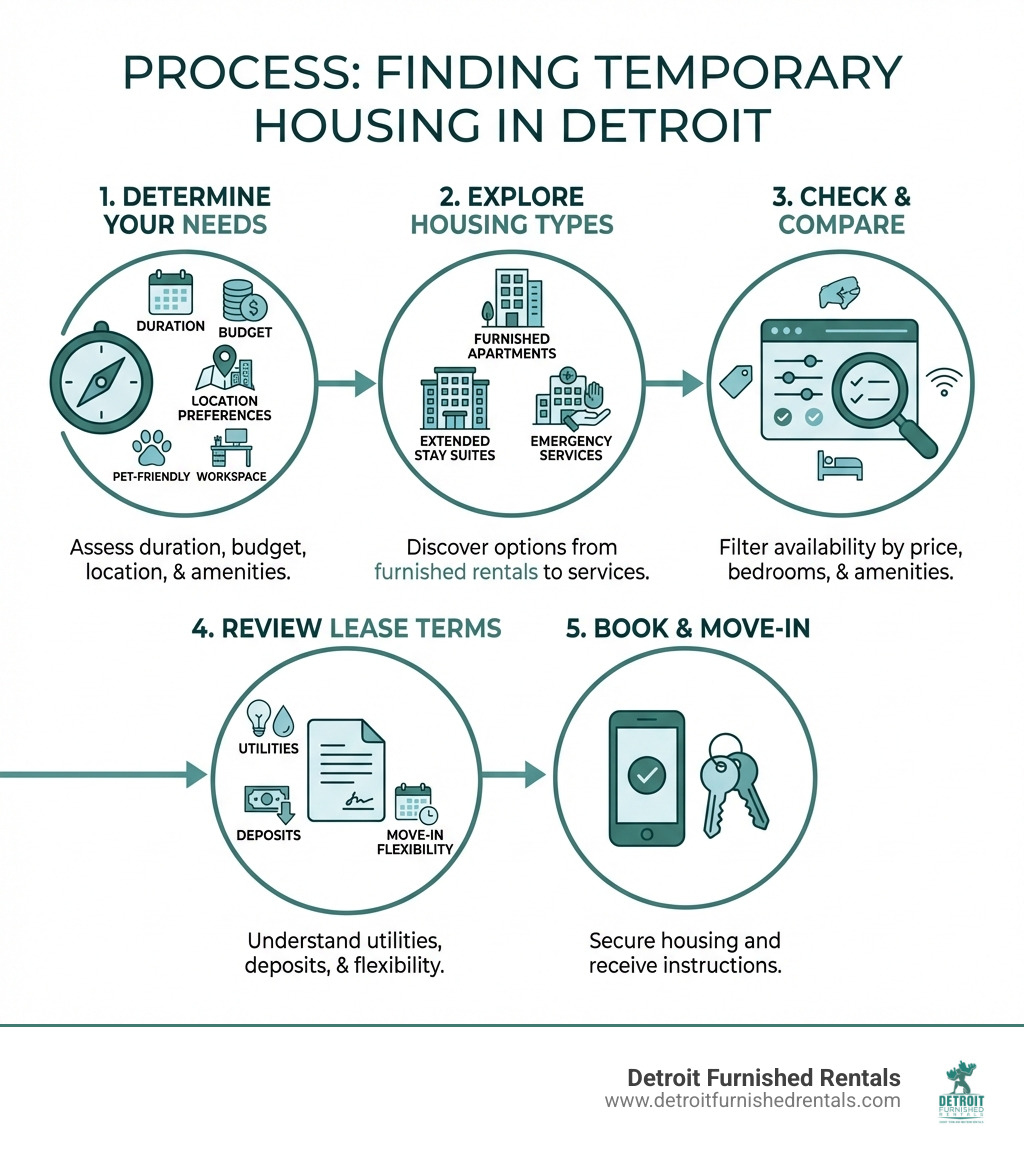 infographic showing the process of finding temporary housing in Detroit: 1. Determine your needs including duration, budget, location preferences, and amenities like pet-friendly or workspace; 2. Explore housing types from furnished apartments to extended stay suites to emergency services; 3. Check availability and compare options using filters for price, bedrooms, and amenities; 4. Review lease terms including utilities, deposits, and move-in flexibility; 5. Book your temporary housing and receive move-in instructions - temporary housing Detroit Michigan infographic 